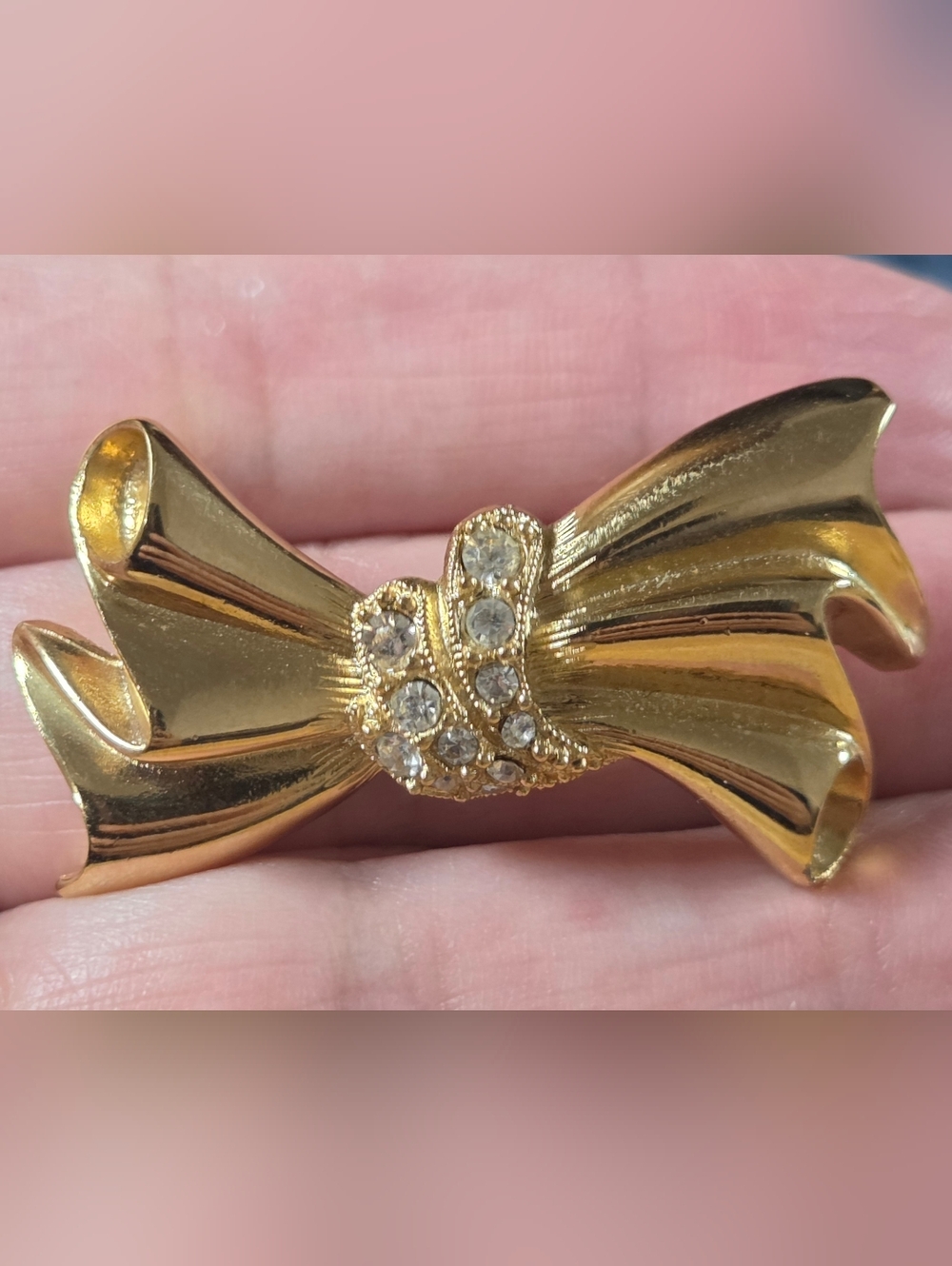 Vintage Gold Tone Bow Pin | Rhinestone Accent RibbonGold Bow Crystal Knot Brooch